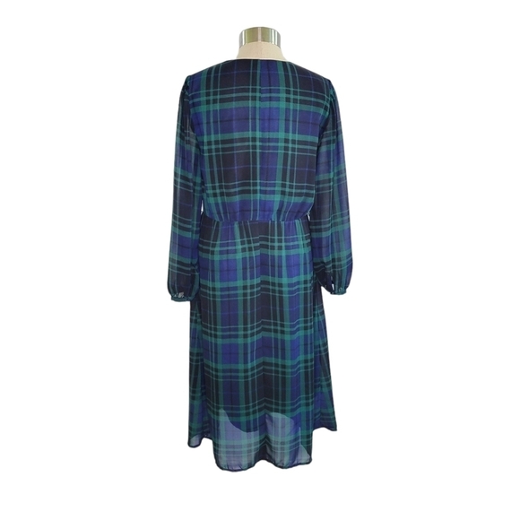 A New Day Green & Blue Tartan Plaid Long Sleeve V-Neck Midi Dress Women's Size S - Picture 4 of 13